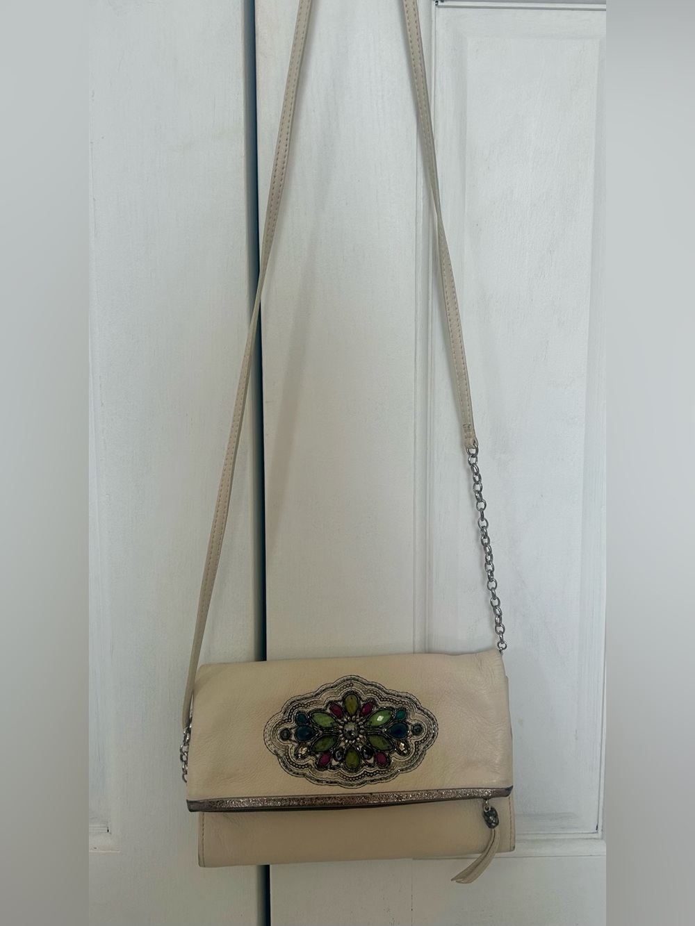 Vintage Brighton Cream Fold-Over Crossbody Bag with Colorful Jewel Embellishment - Picture 5 of 5